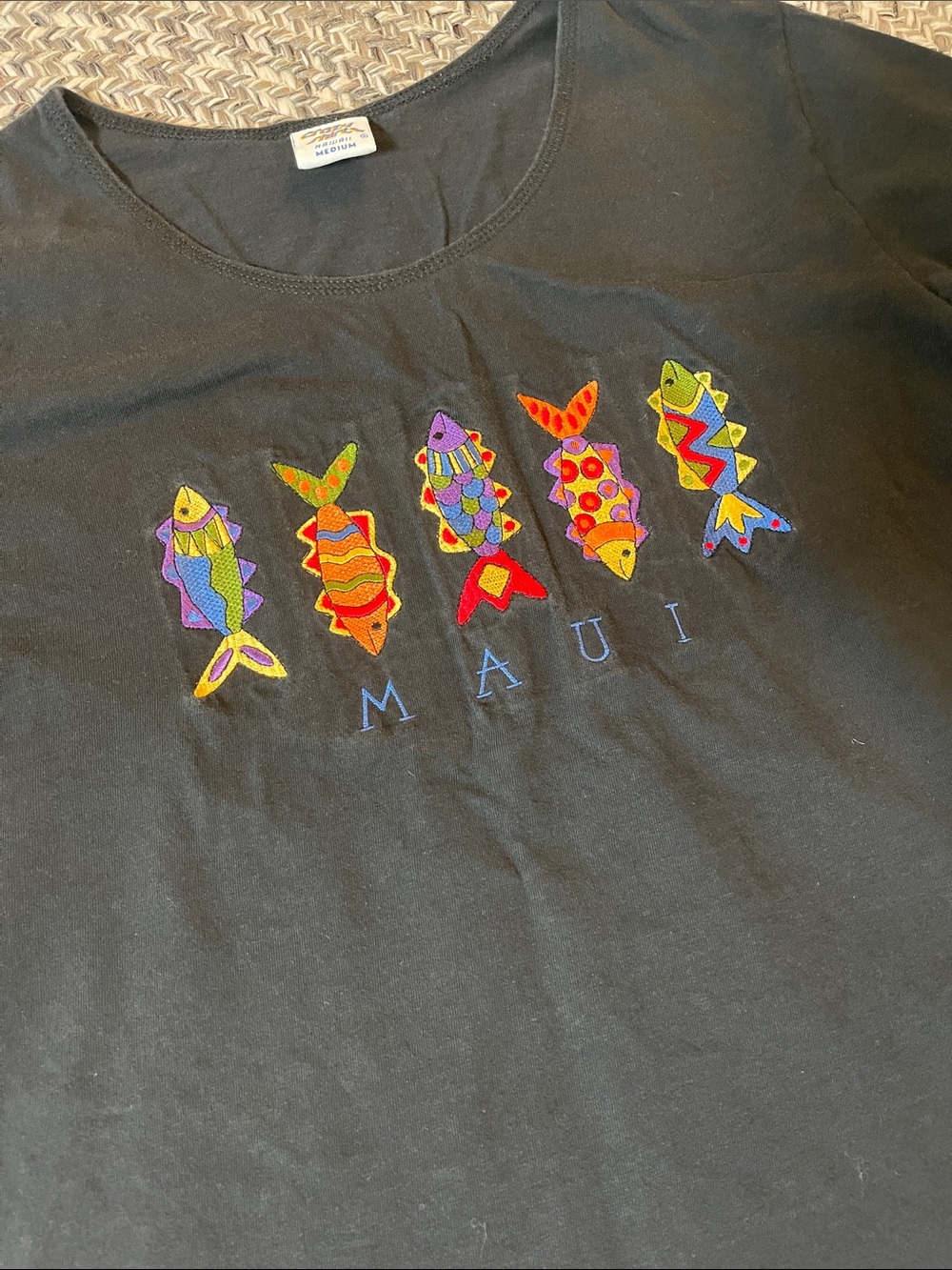 MAUI Black Short-Sleeve Tee with Colorful Fish Embroidery